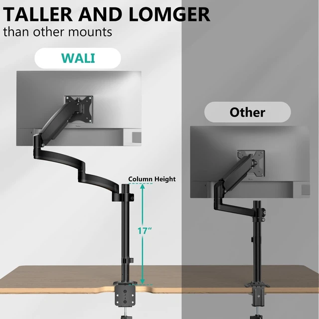 Alt view image 10 of 10 - WALI Single Long Monitor Arm - 13 to 32 inch Computer Monitor Arm Desk Mount, Hold up to 19.8lbs, Extra Long Adjustable Stand, Full Motion Tall Arm, VESA 75/100mm, (GSDM001L)