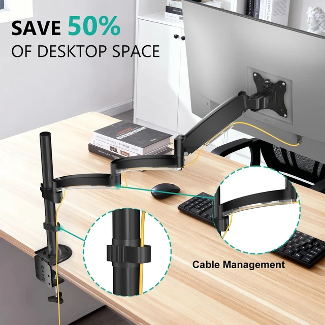 Alt view image 9 of 10 - WALI Single Long Monitor Arm - 13 to 32 inch Computer Monitor Arm Desk Mount, Hold up to 19.8lbs, Extra Long Adjustable Stand, Full Motion Tall Arm, VESA 75/100mm, (GSDM001L)