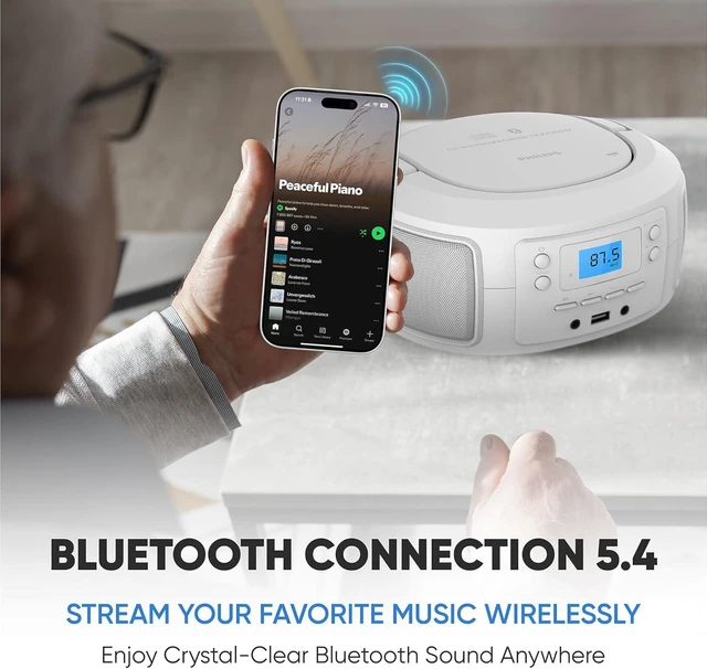 Alt view image 10 of 14 - Philips CD Player Portable with Bluetooth, Crystal Clear Sound Top Loading CD Boombox with FM Radio, USB Port & Aux Input, Compact & Lightweight Design,R/CD-RW/MP3 Compatible (White)