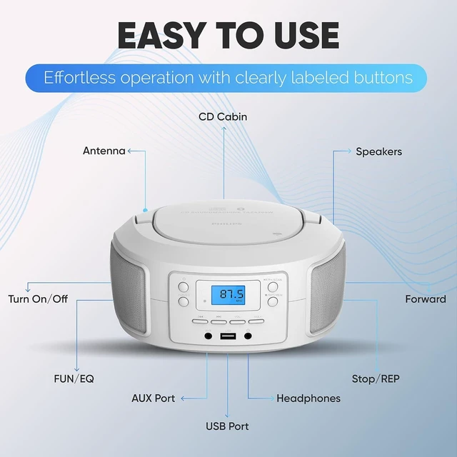Alt view image 13 of 14 - Philips CD Player Portable with Bluetooth, Crystal Clear Sound Top Loading CD Boombox with FM Radio, USB Port & Aux Input, Compact & Lightweight Design,R/CD-RW/MP3 Compatible (White)