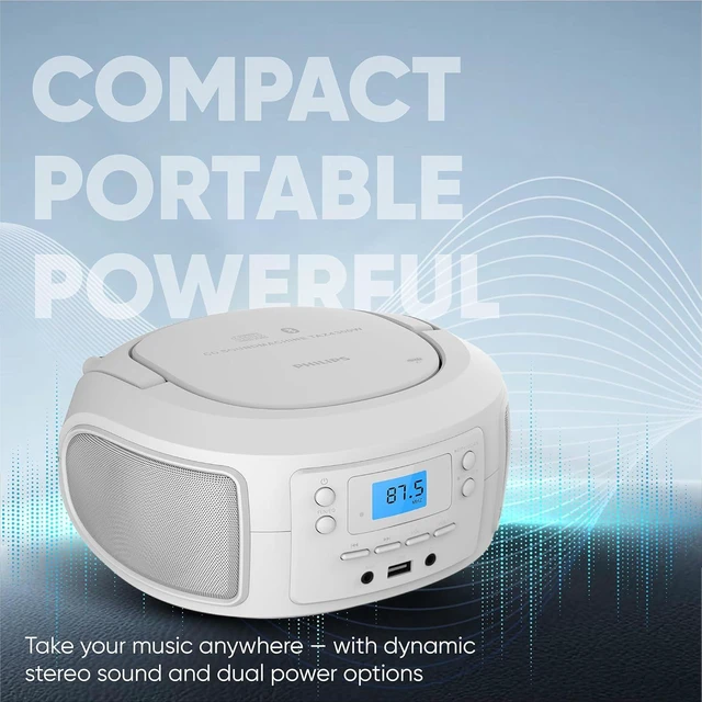 Alt view image 12 of 14 - Philips CD Player Portable with Bluetooth, Crystal Clear Sound Top Loading CD Boombox with FM Radio, USB Port & Aux Input, Compact & Lightweight Design,R/CD-RW/MP3 Compatible (White)
