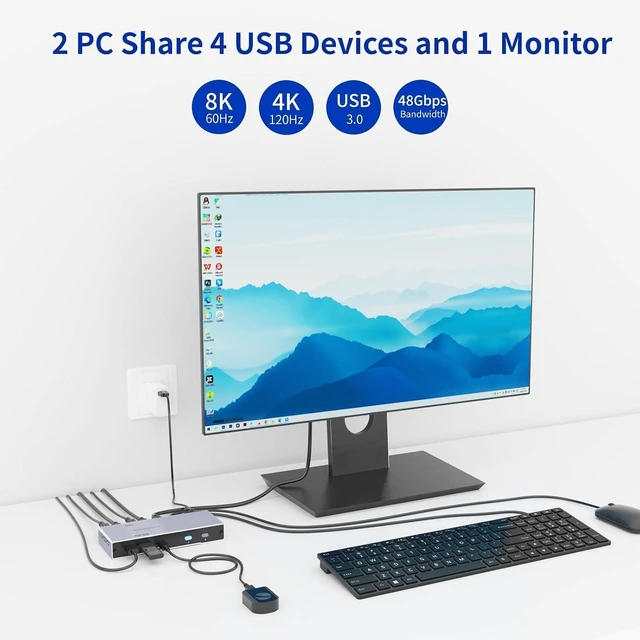 Alt view image 8 of 12 - 8K HDMI KVM Switch 2 Port, 8K@60Hz HDMI 2.1 KVM Switch for 2 Computers 1 Monitor 4 USB3.0 Hubs, Supports 4K@120Hz, 2K@144Hz, 1080P@240Hz (2 USB 3.0 Cable Included)