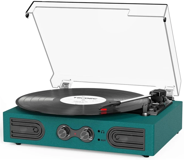 Alt view image 6 of 10 - Vinyl Record Player with Built-in Speakers 3-Speed Vintage Record Player Support Treble& Bass Control, 3.5mm Headphone Jack, RCA-Out/Aux in, Belt-Driven LP Turntable,Dark Green