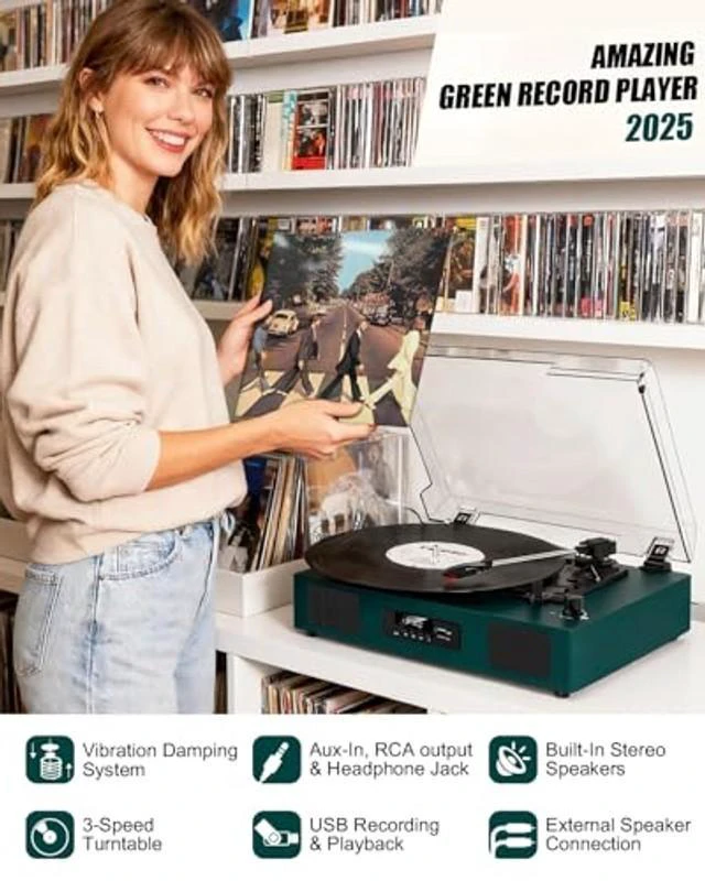 Alt view image 7 of 10 - Vinyl Record Player with Built-in Speakers 3-Speed Vintage Record Player Support Treble& Bass Control, 3.5mm Headphone Jack, RCA-Out/Aux in, Belt-Driven LP Turntable,Dark Green
