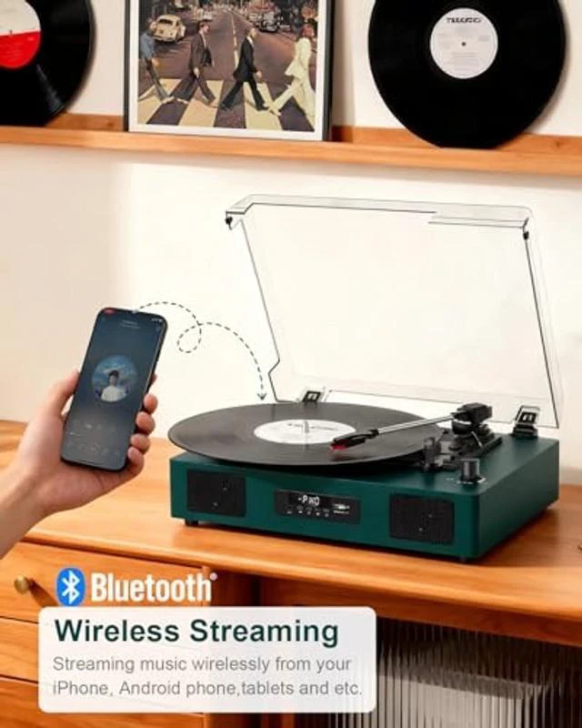 Alt view image 8 of 10 - Vinyl Record Player with Built-in Speakers 3-Speed Vintage Record Player Support Treble& Bass Control, 3.5mm Headphone Jack, RCA-Out/Aux in, Belt-Driven LP Turntable,Dark Green