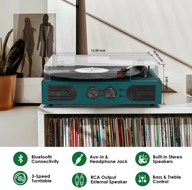 Alt view image 10 of 10 - Vinyl Record Player with Built-in Speakers 3-Speed Vintage Record Player Support Treble& Bass Control, 3.5mm Headphone Jack, RCA-Out/Aux in, Belt-Driven LP Turntable,Dark Green
