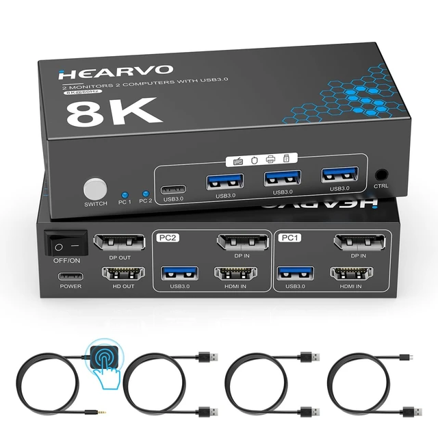 Alt view image 8 of 14 - HDMI DisplayPort KVM Switch 2 Monitors 2 Computers, 8K@60Hz Dual Monitor KVM Switcher with HDMI 2.1 & DisplayPort 1.4, USB 3.0 Hub,with Controller & 2 USB Cables & EDID Adaptive -S7240PH2
