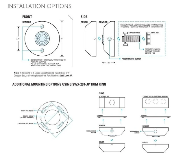 Alt view image 12 of 14 - Ceiling Mount Occupancy Motion Sensor, SWX-221-1, Passive Dual Technology Detection, PIR & Acoustic, Large Motion Detection - 360 Degree, 12-24 VDC Low Voltage, Made in The USA