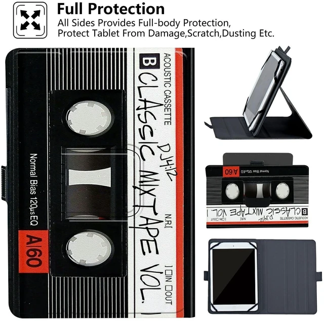 Alt view image 8 of 10 - 6 7 Inch Tablet Case,Universal Case for 6-7 Inch Tablet eReader,7" Kindle Series e-Reader Tablet Stand Folio Shell Cover with 360 Degree Rotatable Kickstand Multiple Viewing,Retro Audio Cassette