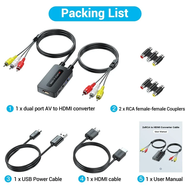 Alt view image 7 of 10 - Knisopec Dual Port RCA to HDMI, Double Composite AV to HDMI Converter, Two RCA in One HD Out Converter for N64/Wii/PS2/DVD/VHS to Display On Newer TVs