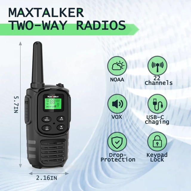 Alt view image 7 of 10 - MaxTalker Walkie Talkies Long Range for Adult, MT10 Rechargeable Walkie Talkies FRS Two Way Radio, NOAA, 1200mAh Li-ion Battery USB-C Cable, LED Flashlight, VOX Walkie Talkie for Hiking Camping 2Pack