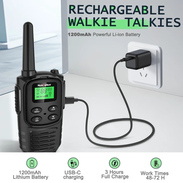 Alt view image 8 of 10 - MaxTalker Walkie Talkies Long Range for Adult, MT10 Rechargeable Walkie Talkies FRS Two Way Radio, NOAA, 1200mAh Li-ion Battery USB-C Cable, LED Flashlight, VOX Walkie Talkie for Hiking Camping 2Pack