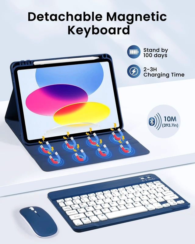 Alt view image 9 of 10 - Keyboard Case with Mouse for iPad (A16) 11th Gen 2025 /10th Gen 2022, Magnetic Case with Keyboard for iPad 11-inch (A16) / 10.9-inch 10th Generation, Thin & Light Cover with Pencil Holder, Navy Blue