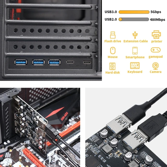 Alt view image 10 of 10 - XRIKUI PCIe to USB 3.0 5X USB-A and 2X USB-C Ports Expansion Card,PCI Express Internal USB 3 Hub Converter for Desktop PCS Riser Card