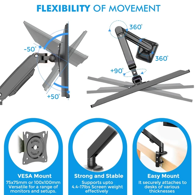 Alt view image 9 of 10 - Josphere Monitor Arm, from 13 to 34 Inch Monitors, Fits Upto 22 lbs Screens with Adjustable Gas Spring Arm, Full Motion Monitor Mount for LCD Computer