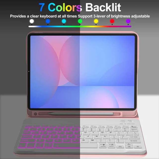 Alt view image 8 of 10 - Keyboard Case for Samsung Galaxy Tab S10 Lite/ S10 FE/ S9 FE 10.9 Inch/Tab S9 11 Inch with S Pen Holder, 7 Color Backlit Detachable Wireless Bluetooth Keyboard with Stand Cover Case, Rose Gold