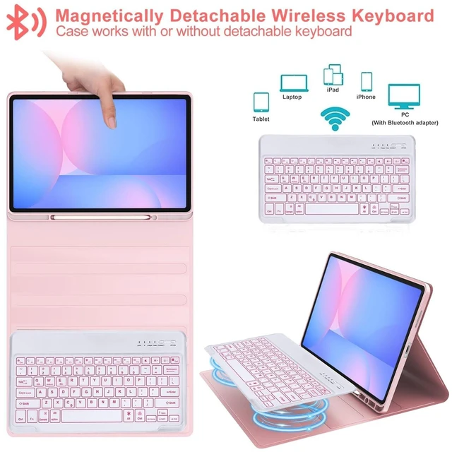 Alt view image 9 of 10 - Keyboard Case for Samsung Galaxy Tab S10 Lite/ S10 FE/ S9 FE 10.9 Inch/Tab S9 11 Inch with S Pen Holder, 7 Color Backlit Detachable Wireless Bluetooth Keyboard with Stand Cover Case, Rose Gold