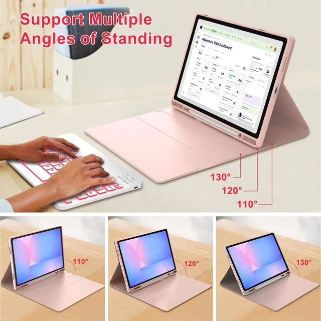 Alt view image 10 of 10 - Keyboard Case for Samsung Galaxy Tab S10 Lite/ S10 FE/ S9 FE 10.9 Inch/Tab S9 11 Inch with S Pen Holder, 7 Color Backlit Detachable Wireless Bluetooth Keyboard with Stand Cover Case, Rose Gold