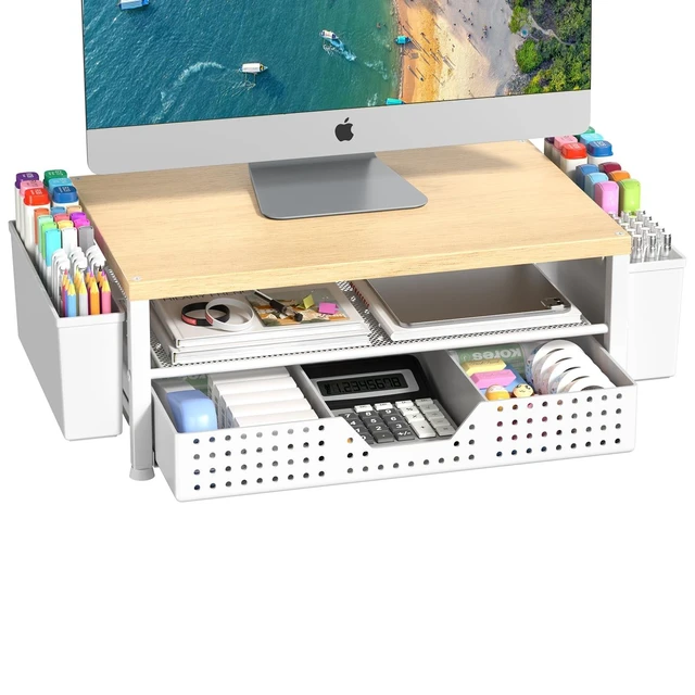 Alt view image 6 of 10 - Gugsey Wood Metal Monitor Stand Riser, Laptop Stand for Desk, Office Desk Organizer and Accessories, Computer Desktop Shelf with Drawer and Pen Holder, Printer Stand for Home, Office, Dorm (Natural Wo