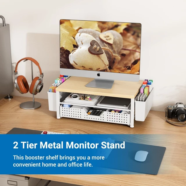 Alt view image 7 of 10 - Gugsey Wood Metal Monitor Stand Riser, Laptop Stand for Desk, Office Desk Organizer and Accessories, Computer Desktop Shelf with Drawer and Pen Holder, Printer Stand for Home, Office, Dorm (Natural Wo