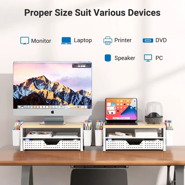 Alt view image 8 of 10 - Gugsey Wood Metal Monitor Stand Riser, Laptop Stand for Desk, Office Desk Organizer and Accessories, Computer Desktop Shelf with Drawer and Pen Holder, Printer Stand for Home, Office, Dorm (Natural Wo