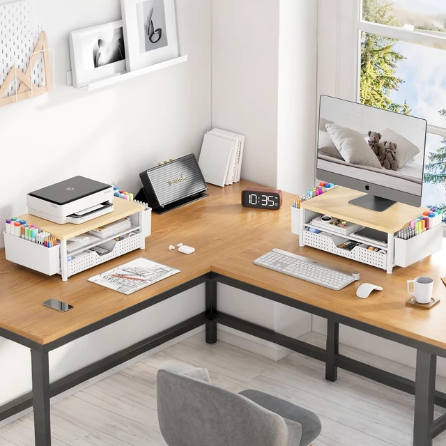 Alt view image 9 of 10 - Gugsey Wood Metal Monitor Stand Riser, Laptop Stand for Desk, Office Desk Organizer and Accessories, Computer Desktop Shelf with Drawer and Pen Holder, Printer Stand for Home, Office, Dorm (Natural Wo