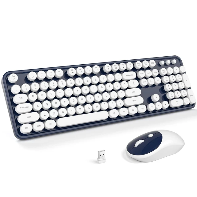Alt view image 6 of 10 - KNOWSQT Wireless Keyboard and Mouse Combo - White-DarkBlue Full-Sized 2.4 GHz 104 Keys Typewriter Keyboard, Flexible Round Keycap and Optical Mouse for Windows, Computer, PC, Laptop, Desktop, Mac