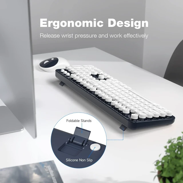 Alt view image 8 of 10 - KNOWSQT Wireless Keyboard and Mouse Combo - White-DarkBlue Full-Sized 2.4 GHz 104 Keys Typewriter Keyboard, Flexible Round Keycap and Optical Mouse for Windows, Computer, PC, Laptop, Desktop, Mac