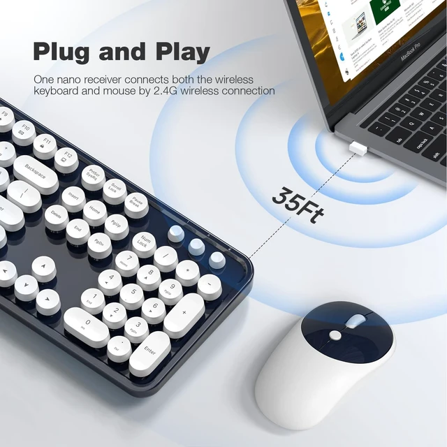 Alt view image 7 of 10 - KNOWSQT Wireless Keyboard and Mouse Combo - White-DarkBlue Full-Sized 2.4 GHz 104 Keys Typewriter Keyboard, Flexible Round Keycap and Optical Mouse for Windows, Computer, PC, Laptop, Desktop, Mac