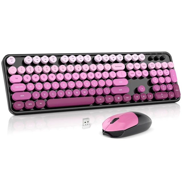 Alt view image 6 of 10 - Wireless Keyboard and Mouse Combo, MOWUX Full Size Typewriter Retro Round Computer Keyboard, Cute Optical Mouse Wireless, Plug and Play, for Laptop, PC, Computer-Black Pink Gradient