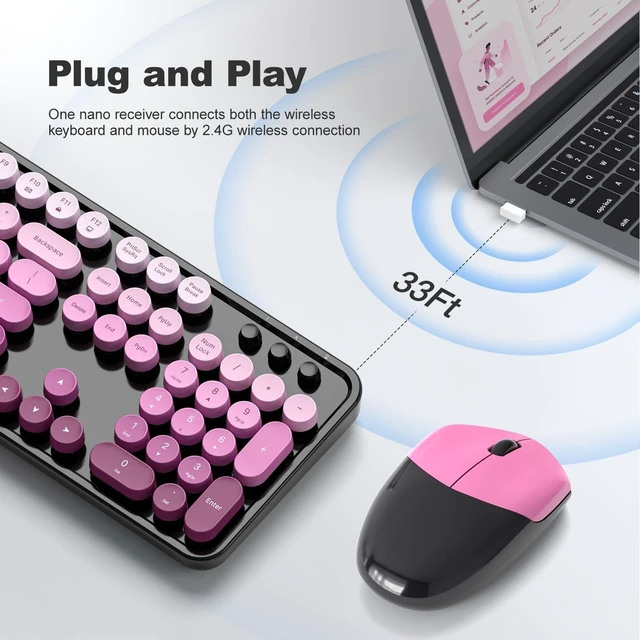 Alt view image 7 of 10 - Wireless Keyboard and Mouse Combo, MOWUX Full Size Typewriter Retro Round Computer Keyboard, Cute Optical Mouse Wireless, Plug and Play, for Laptop, PC, Computer-Black Pink Gradient