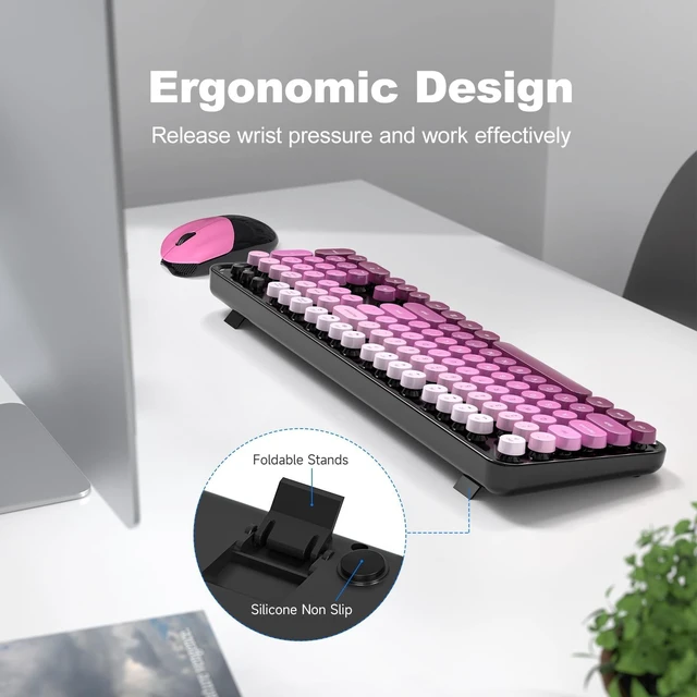 Alt view image 8 of 10 - Wireless Keyboard and Mouse Combo, MOWUX Full Size Typewriter Retro Round Computer Keyboard, Cute Optical Mouse Wireless, Plug and Play, for Laptop, PC, Computer-Black Pink Gradient
