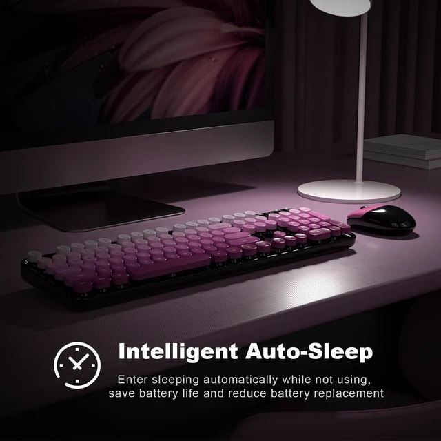 Alt view image 9 of 10 - Wireless Keyboard and Mouse Combo, MOWUX Full Size Typewriter Retro Round Computer Keyboard, Cute Optical Mouse Wireless, Plug and Play, for Laptop, PC, Computer-Black Pink Gradient