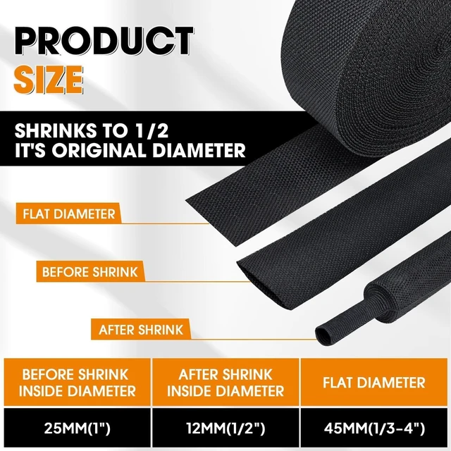 Alt view image 7 of 10 - Black 2:1 Ratio Automotive Heat Shrink Braided Sleeving,Wear-Resistant Flat Woven Shrinkable Sleeve Fabric Car Cable Wires Hoses Protection (1"-35ft)