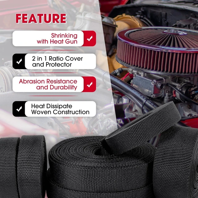 Alt view image 10 of 10 - Black 2:1 Ratio Automotive Heat Shrink Braided Sleeving,Wear-Resistant Flat Woven Shrinkable Sleeve Fabric Car Cable Wires Hoses Protection (1"-35ft)