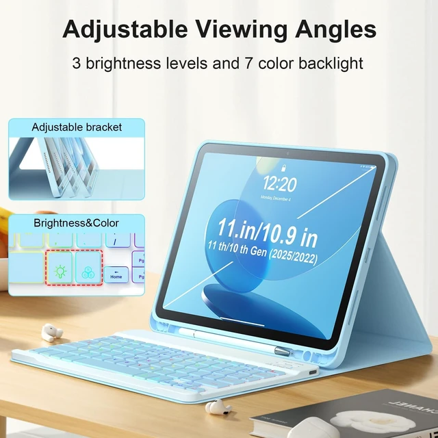Alt view image 9 of 10 - FGZZROU iPad 11th 10th Generation Case with Keyboard 10.9 Inch 2022 Detachable Wireless 7Colors Backlight Keyboard Case with Pencil Holder for and Magnetic Disc Universal Stylus Pen