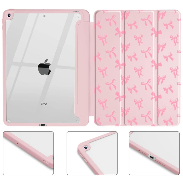 Alt view image 8 of 10 - Idocolors Cute Pink Bow Case for iPad 2022/2025 (10th/11th Gen) 10.9", Clear Hard Back Cover with Pencil Holder, Tri-fold Stand Full Wrap Protective Case for Women Girls