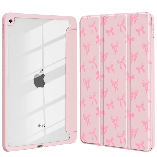 Alt view image 6 of 10 - Idocolors Cute Pink Bow Case for iPad 2022/2025 (10th/11th Gen) 10.9", Clear Hard Back Cover with Pencil Holder, Tri-fold Stand Full Wrap Protective Case for Women Girls