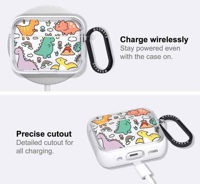 Alt view image 10 of 10 - MOSNOVO Case for Airpods Pro & Airpods Pro 2, Protective Clear Case with Shockproof Dual Layer Hard Luxe Metal Ring Designed for Airpods Pro 2 Generation - Dinosaur Land