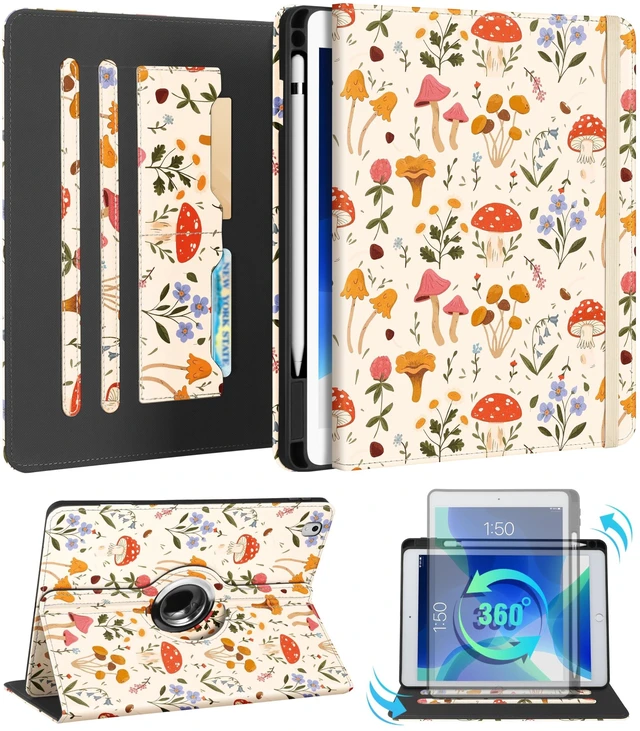 Alt view image 6 of 10 - Kidcube for iPad Air 3rd Generation Case/Pro 10.5 Inch Case - Women Girls Kids Cute Rotating Stand Folio Cover with Pencil Holder & Card Slot Mushroom Flowers Design Cover for iPad Pro 10.5''/Air 3rd