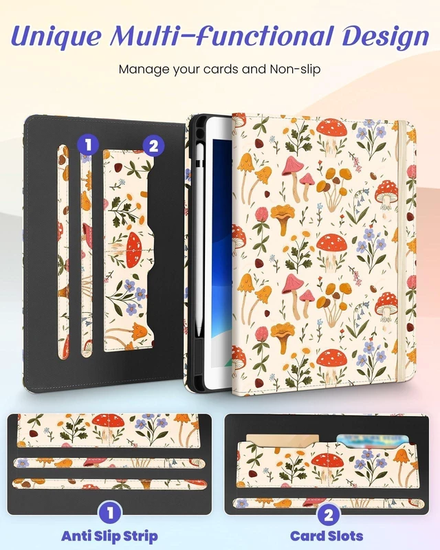 Alt view image 8 of 10 - Kidcube for iPad Air 3rd Generation Case/Pro 10.5 Inch Case - Women Girls Kids Cute Rotating Stand Folio Cover with Pencil Holder & Card Slot Mushroom Flowers Design Cover for iPad Pro 10.5''/Air 3rd