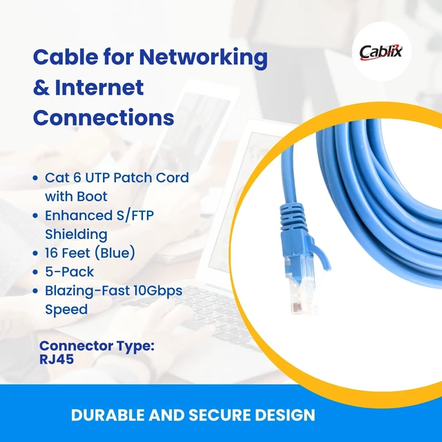 Alt view image 8 of 10 - Cablix Cat 5E UTP Patch Cord with Boot, 16ft, Blue, 5-Pack Reliable Ethernet Cable for Fast Networking & Internet Connections