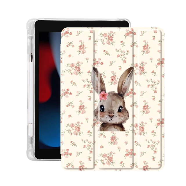 Alt view image 6 of 10 - Idocolors Cute Funny Animal Case for 10.2-Inch iPad 2019/2020/2021(7th/8th/9th Gen), Built-in Pencil Holder with Soft TPU Clear Back Shell, Auto Wake/Sleep, Floral Bunny