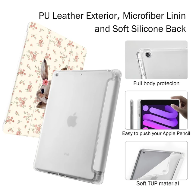 Alt view image 8 of 10 - Idocolors Cute Funny Animal Case for 10.2-Inch iPad 2019/2020/2021(7th/8th/9th Gen), Built-in Pencil Holder with Soft TPU Clear Back Shell, Auto Wake/Sleep, Floral Bunny