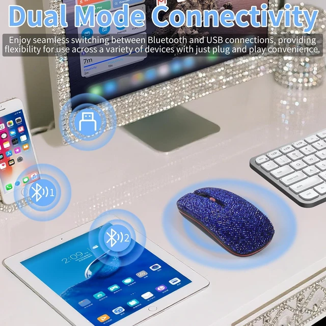 Alt view image 8 of 10 - KUYHRF Cute Bling Wireless Bluetooth Mouse - Rechargeable Slim Mouse with LED Lights for Office and Home Use, Perfect for Girls and Professionals (Blue)