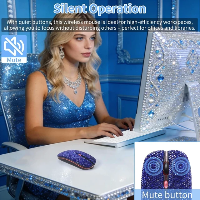Alt view image 9 of 10 - KUYHRF Cute Bling Wireless Bluetooth Mouse - Rechargeable Slim Mouse with LED Lights for Office and Home Use, Perfect for Girls and Professionals (Blue)