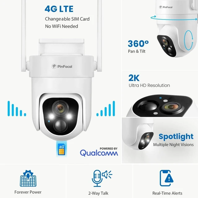 Alt view image 7 of 10 - PinFocal 4G LTE Cellular Security Camera Wireless Outdoor, No WiFi Needed, 2K Color Night Vision, 360 View Pan/Tilt, 2 Way Talk, PIR Motion Sensor, Built-in SIM Card (Support Verizon/AT&T/T-Mobile)