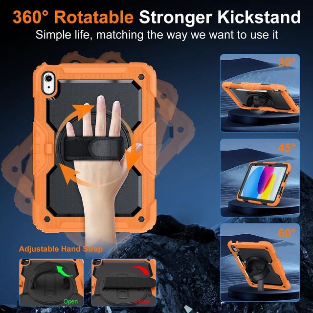 Alt view image 8 of 10 - Case for iPad (A16) 11th Generation 11 Inch (2025), Ubearkk for iPad 10th Generation 10.9 inch 2022 case with Screen Protector, 360 Degree Rotating Stand/Shoulder Strap/Pencil Holder, Orange