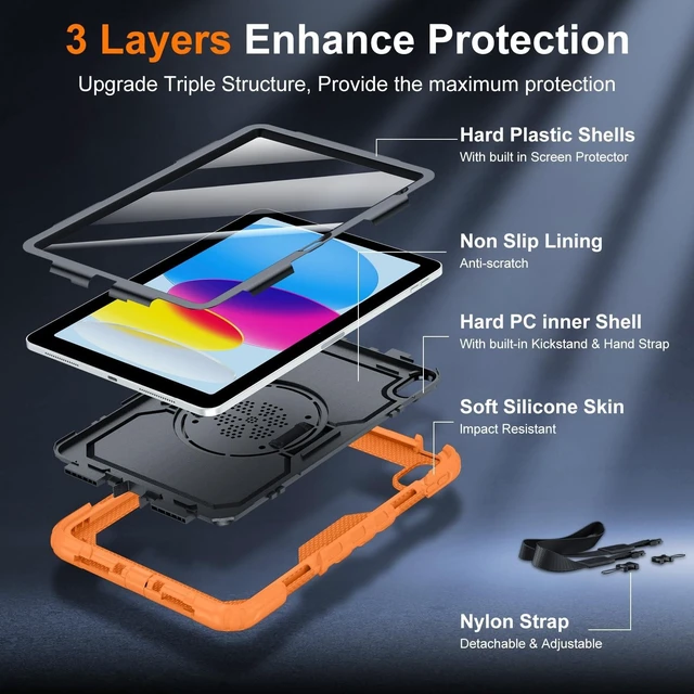 Alt view image 10 of 10 - Case for iPad (A16) 11th Generation 11 Inch (2025), Ubearkk for iPad 10th Generation 10.9 inch 2022 case with Screen Protector, 360 Degree Rotating Stand/Shoulder Strap/Pencil Holder, Orange