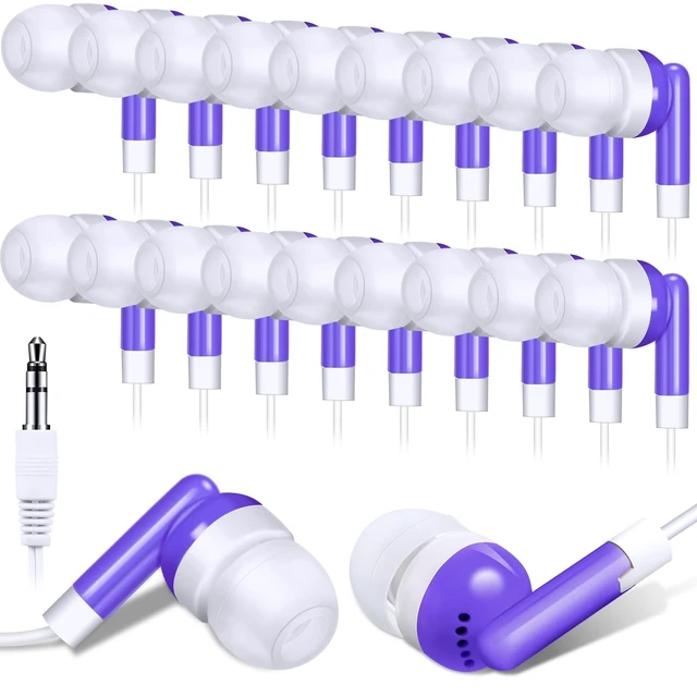 Alt view image 6 of 10 - Konohan 100 Pcs Bulk Earbuds with Wire Basic Headphones in Ear for Libraries Laptop, No Microphone 3.5 mm Jack Earbuds Dot Headphones, Individually Bagged (Purple)
